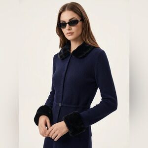 Zara Navy Blue Cardigan with Black Fur Trim